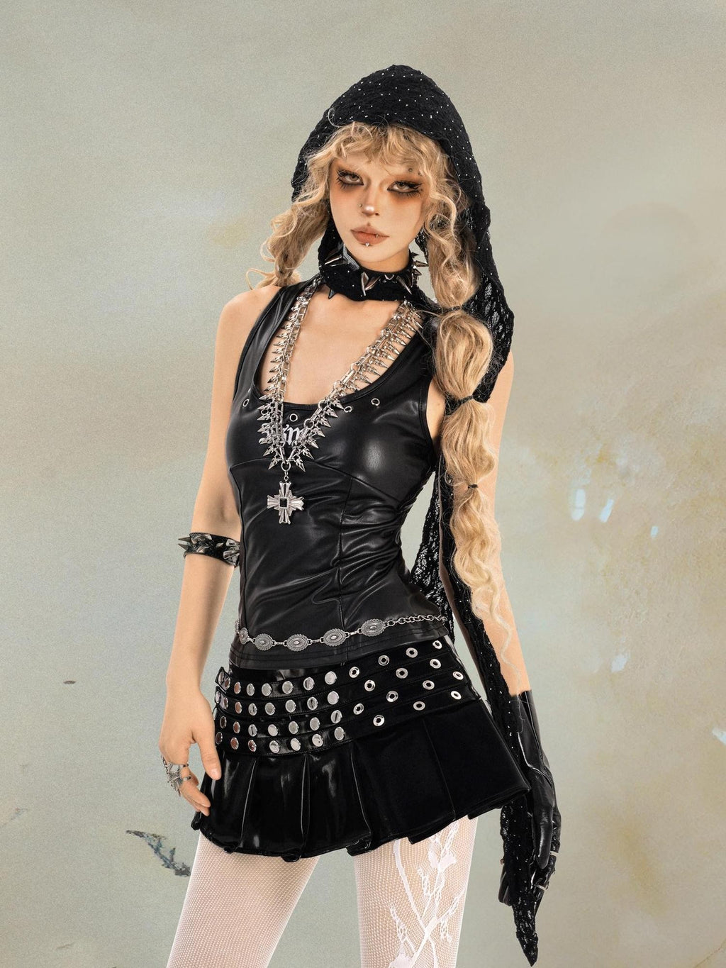 punknova Punk Studded Pleated High Waist Women's Mini Skirts