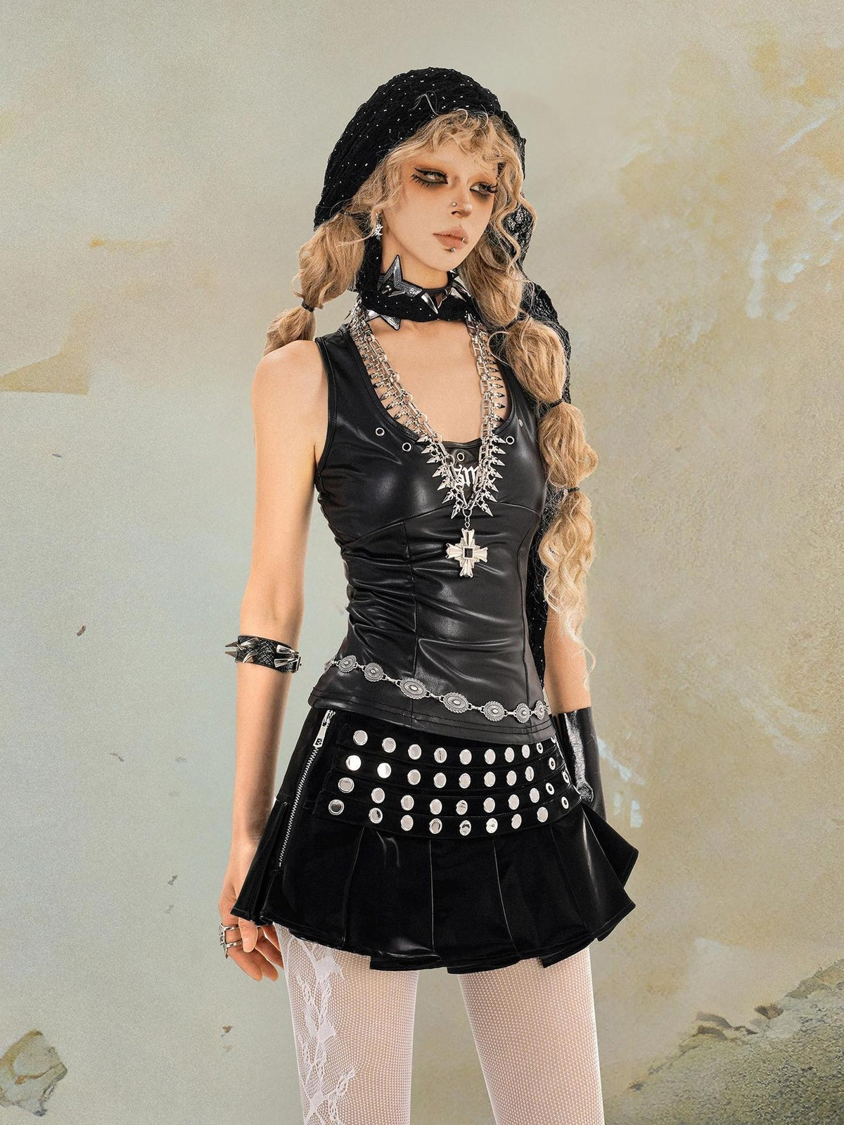 punknova Punk Studded Pleated High Waist Women's Mini Skirts
