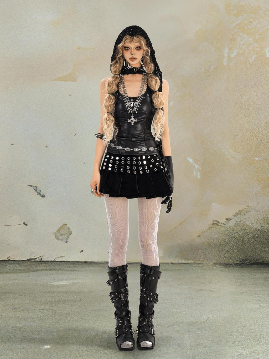 punknova Punk Studded Pleated High Waist Women's Mini Skirts
