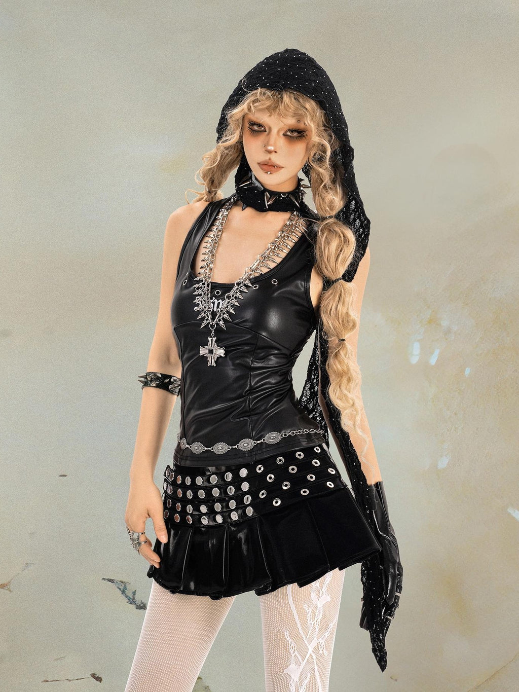 punknova Punk Studded Pleated High Waist Women's Mini Skirts