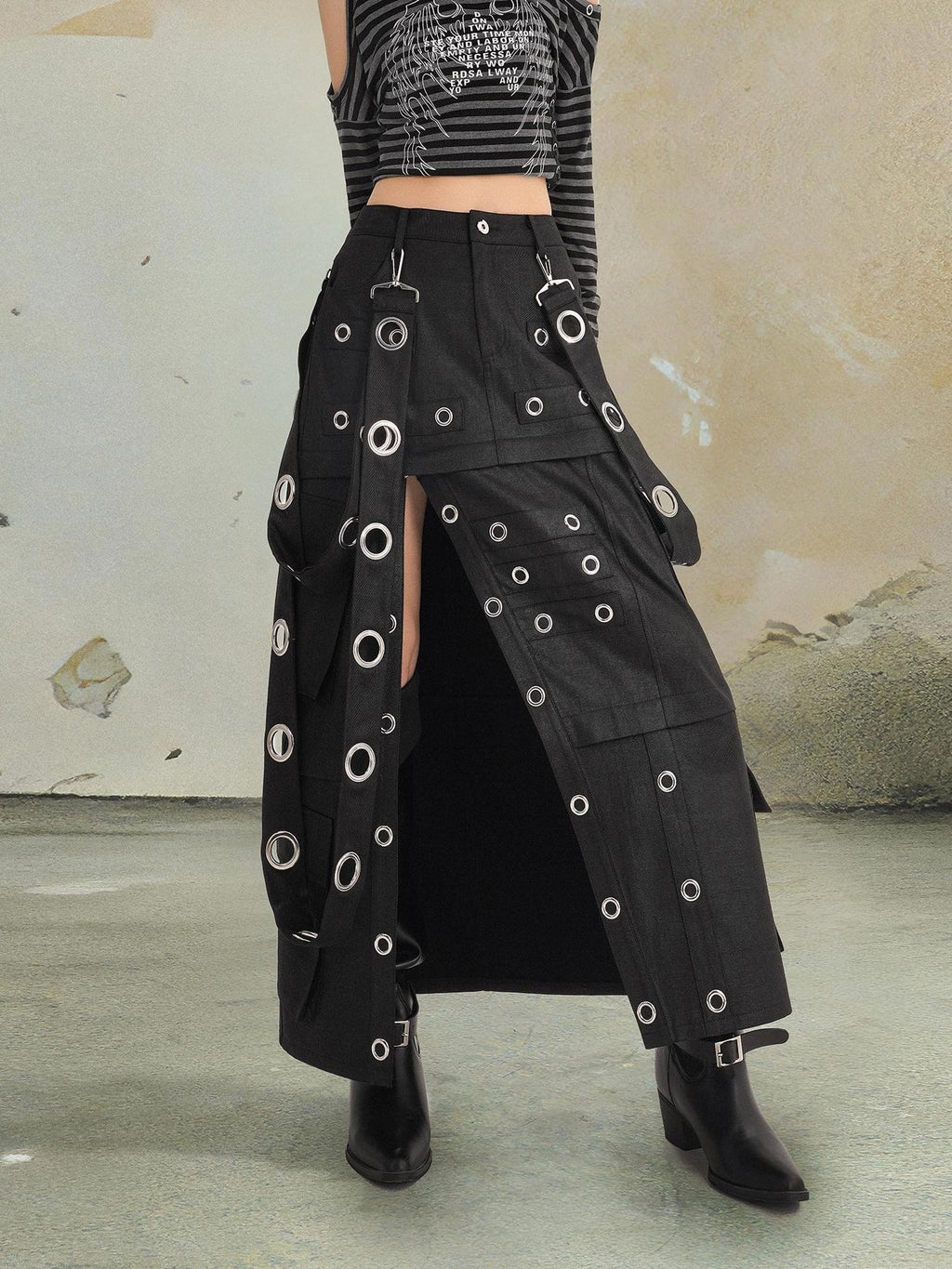punknova Punk Studded Slit Deconstructed Detachable Women's Maxi Skirts