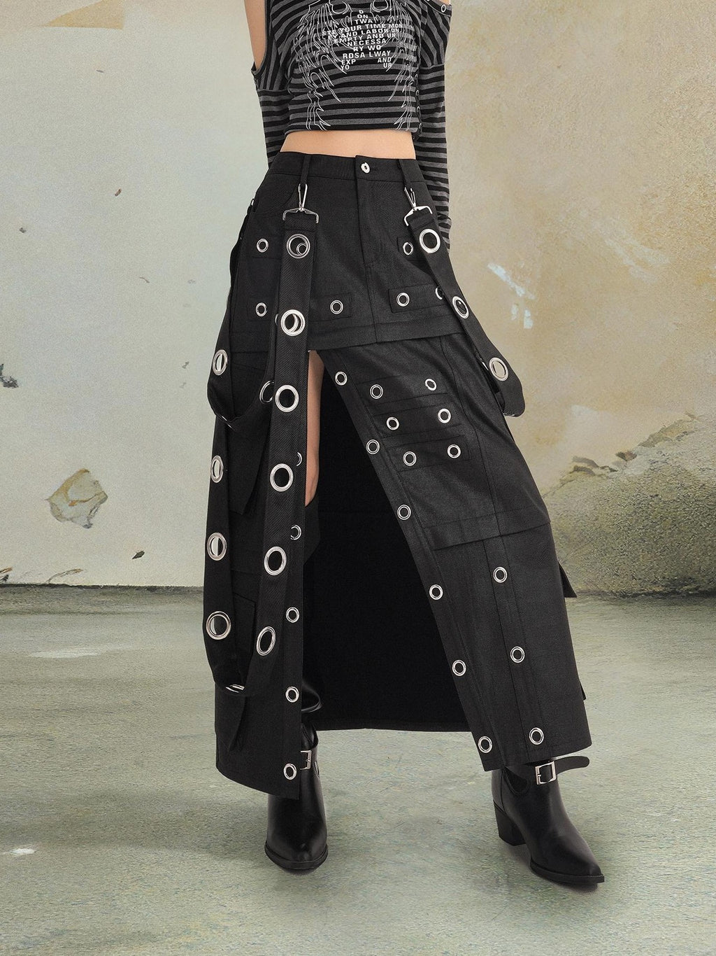 punknova Punk Studded Slit Deconstructed Detachable Women's Maxi Skirts
