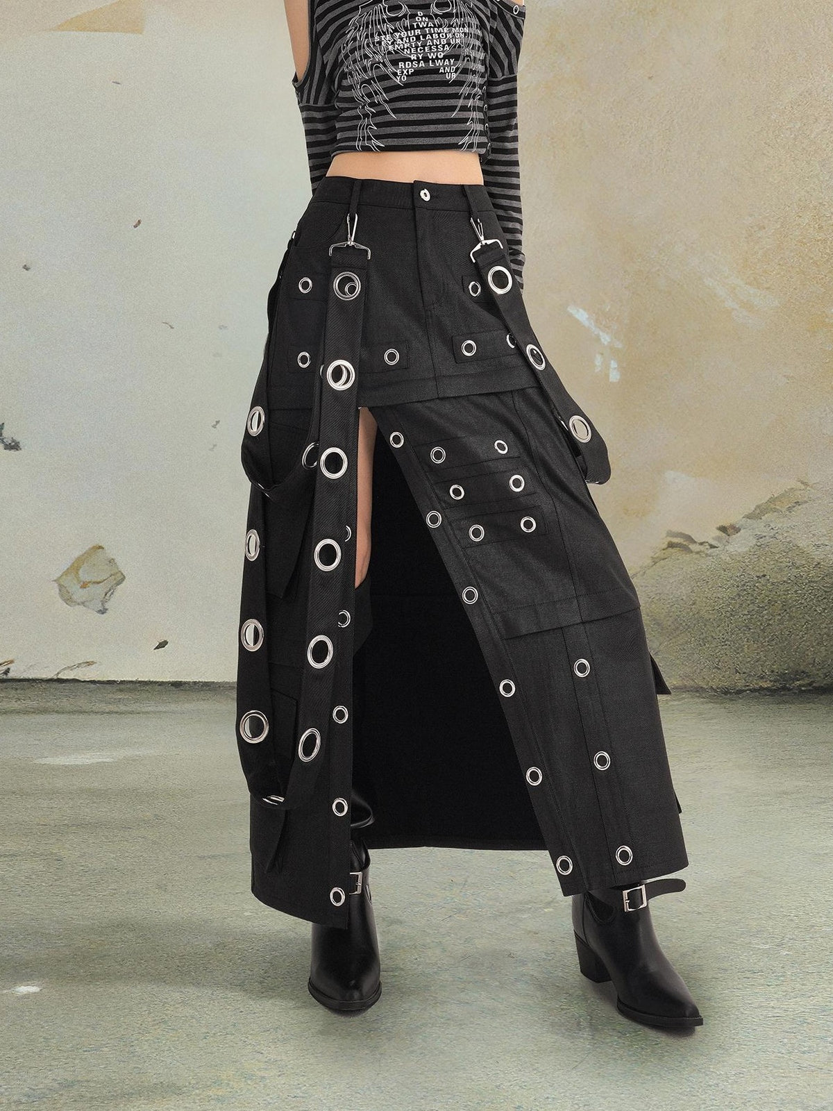 punknova Punk Studded Slit Deconstructed Detachable Women's Maxi Skirts