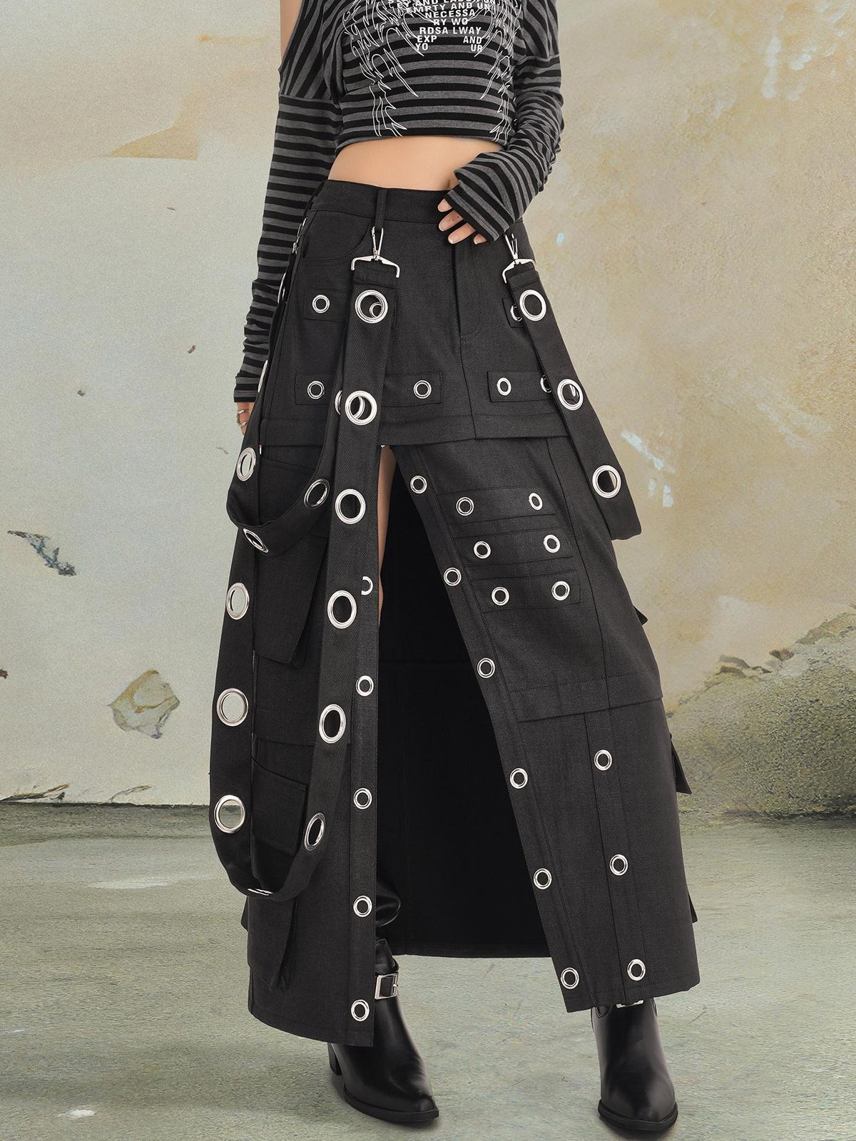 punknova Punk Studded Slit Deconstructed Detachable Women's Maxi Skirts