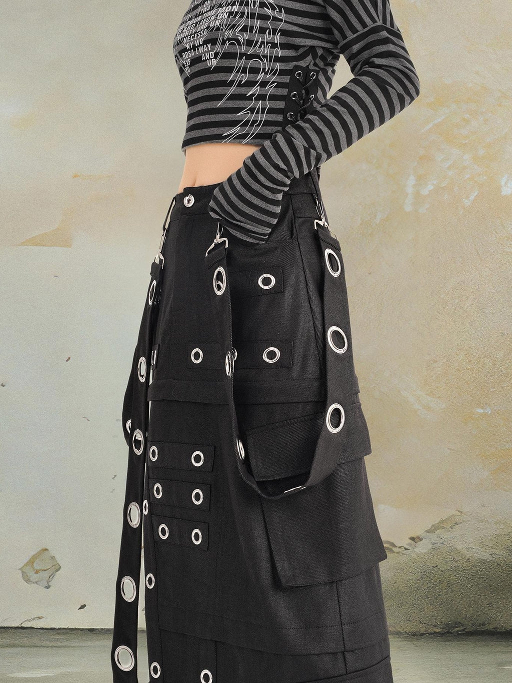 punknova Punk Studded Slit Deconstructed Detachable Women's Maxi Skirts