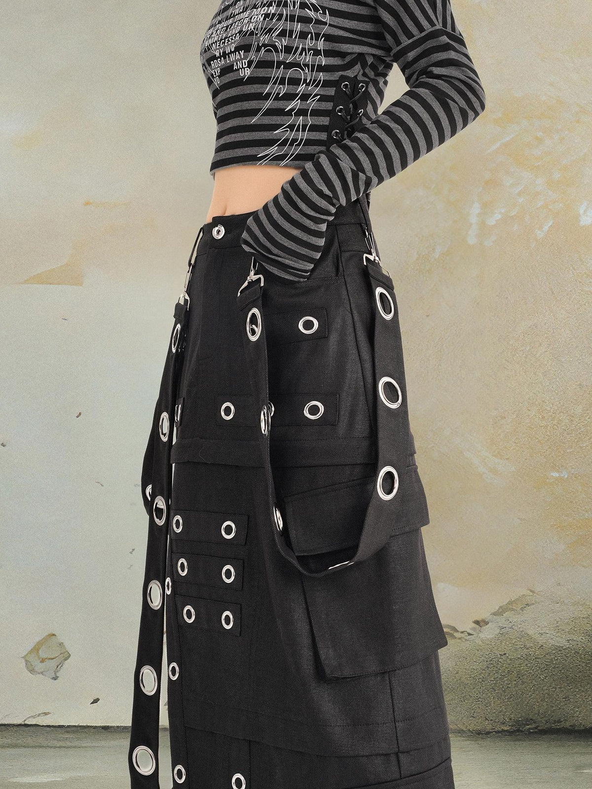 punknova Punk Studded Slit Deconstructed Detachable Women's Maxi Skirts