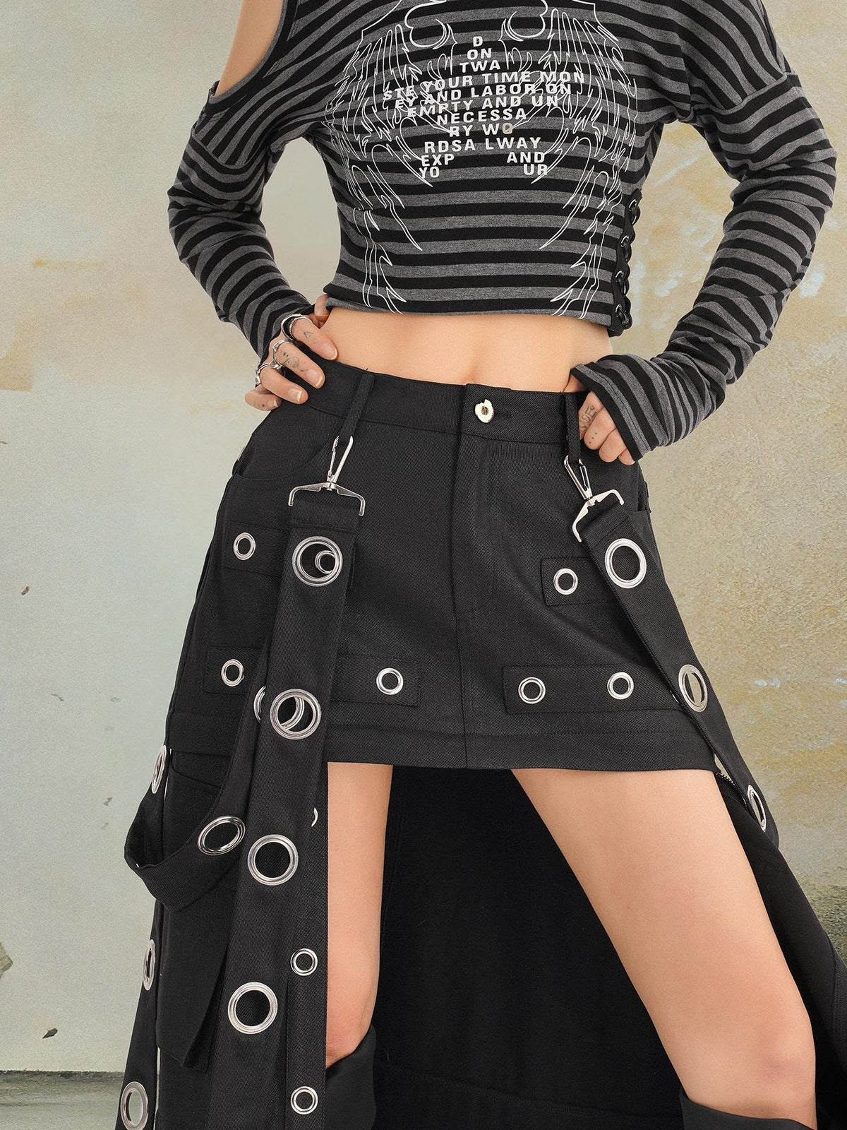 punknova Punk Studded Slit Deconstructed Detachable Women's Maxi Skirts