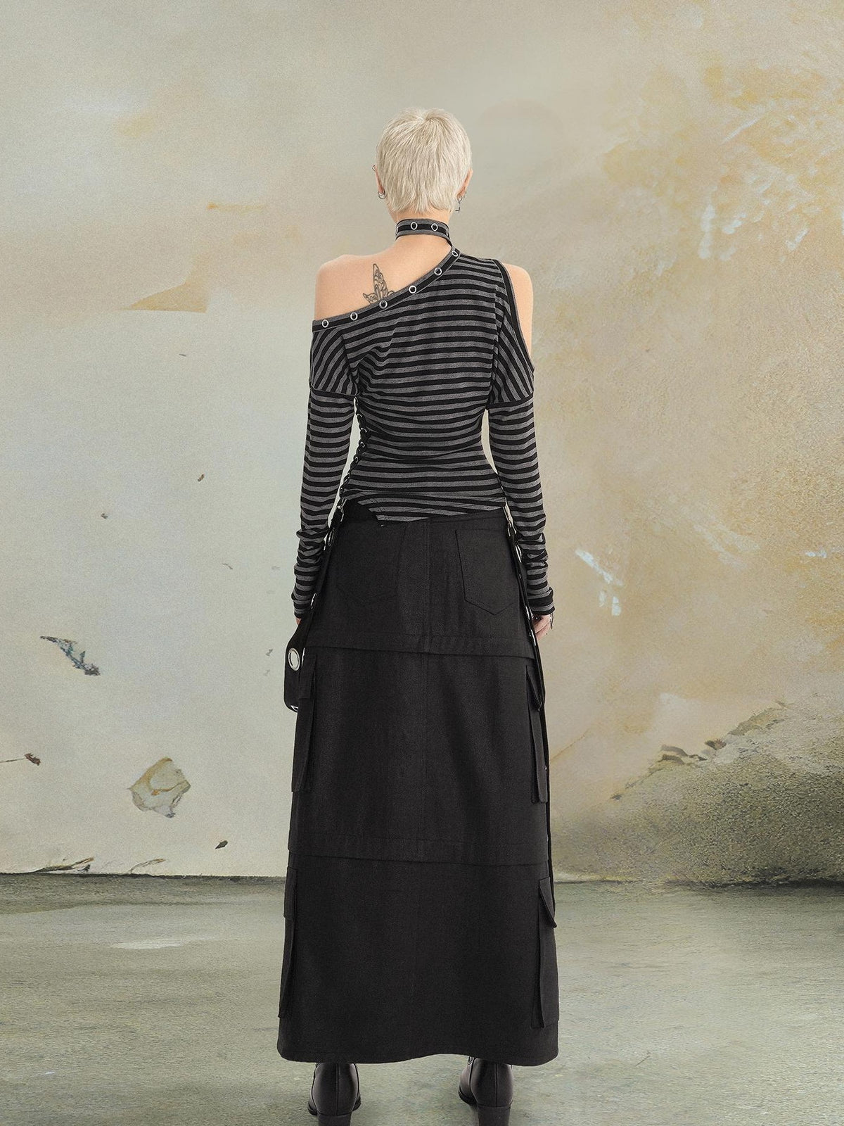 punknova Punk Studded Slit Deconstructed Detachable Women's Maxi Skirts