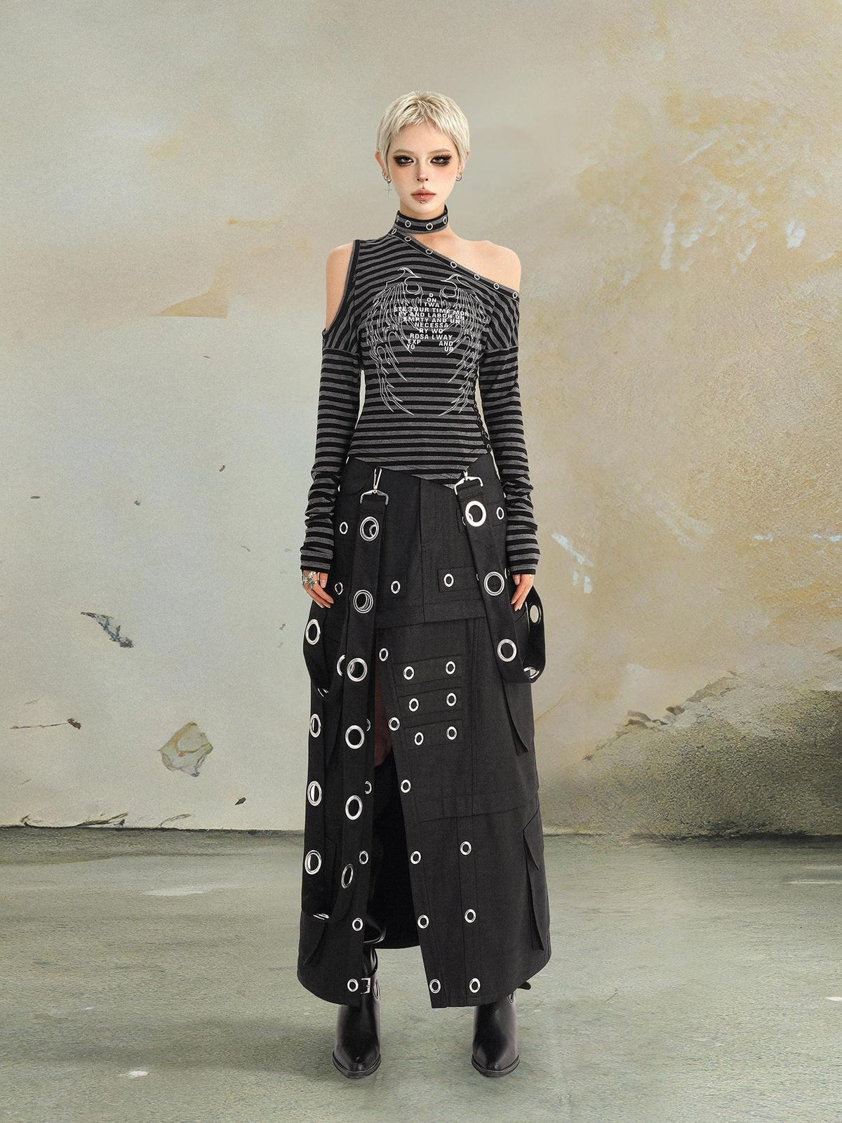 punknova Punk Studded Slit Deconstructed Detachable Women's Maxi Skirts