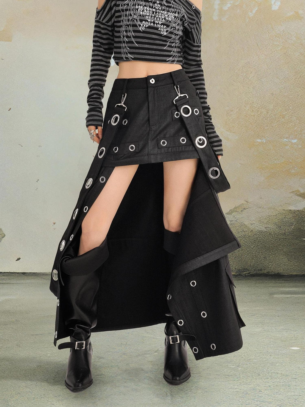 punknova Punk Studded Slit Deconstructed Detachable Women's Maxi Skirts