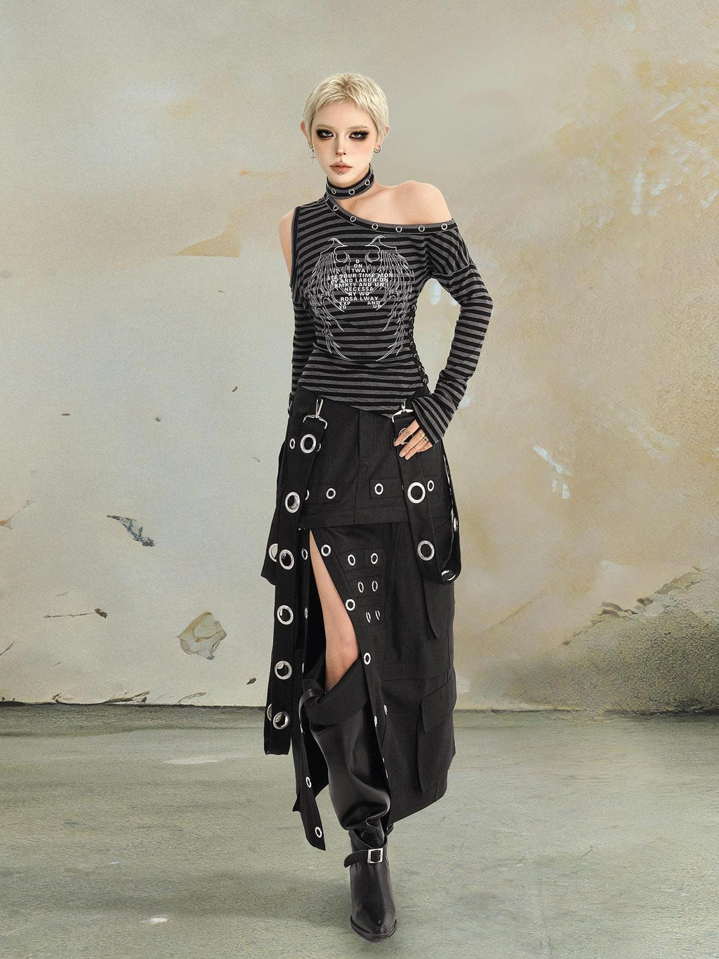 punknova Punk Studded Slit Deconstructed Detachable Women's Maxi Skirts