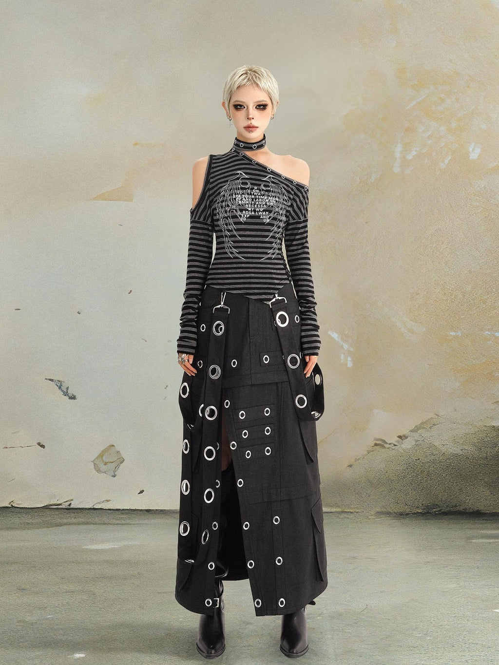 punknova Punk Studded Slit Deconstructed Detachable Women's Maxi Skirts
