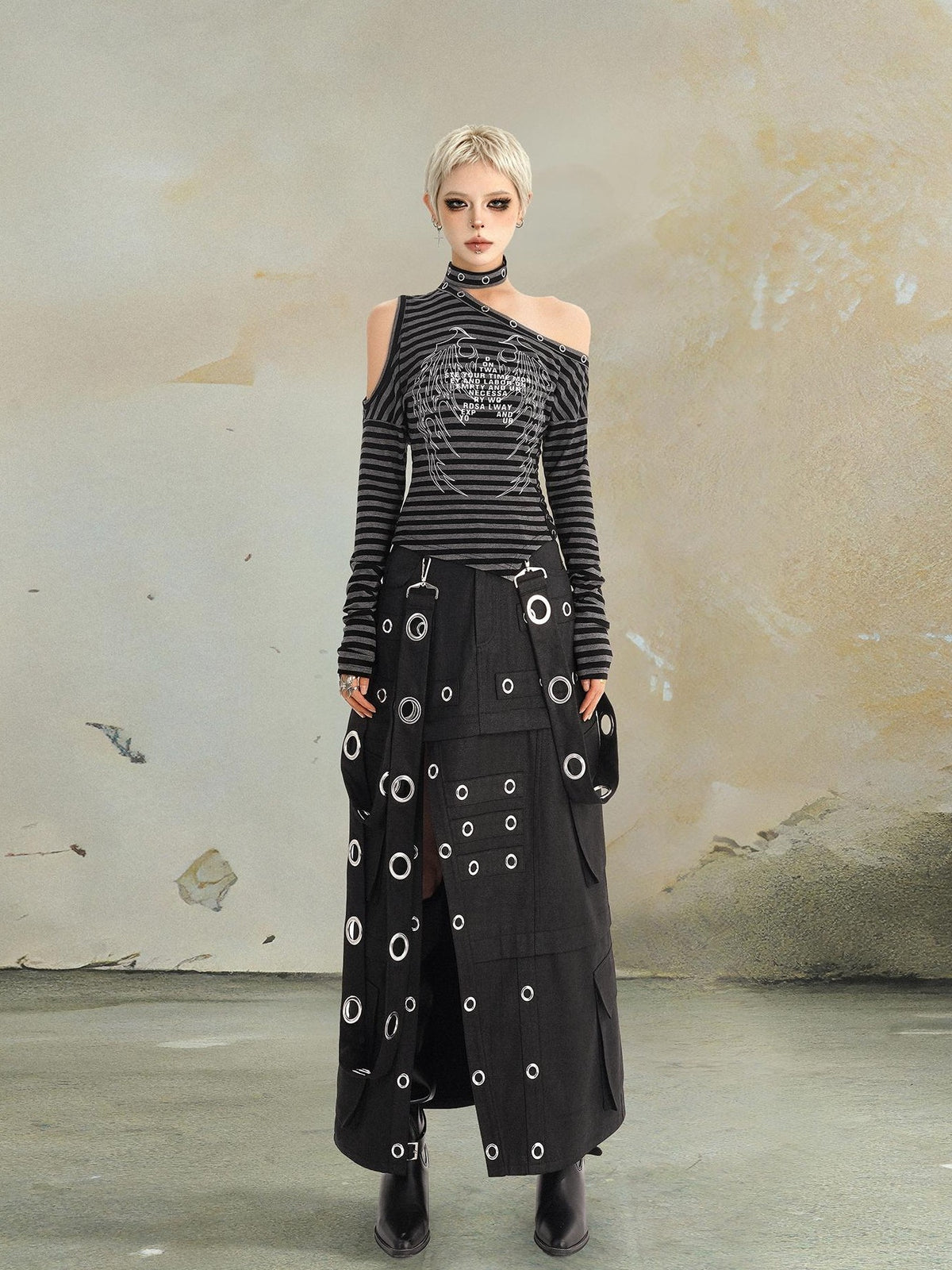 punknova Punk Studded Slit Deconstructed Detachable Women's Maxi Skirts