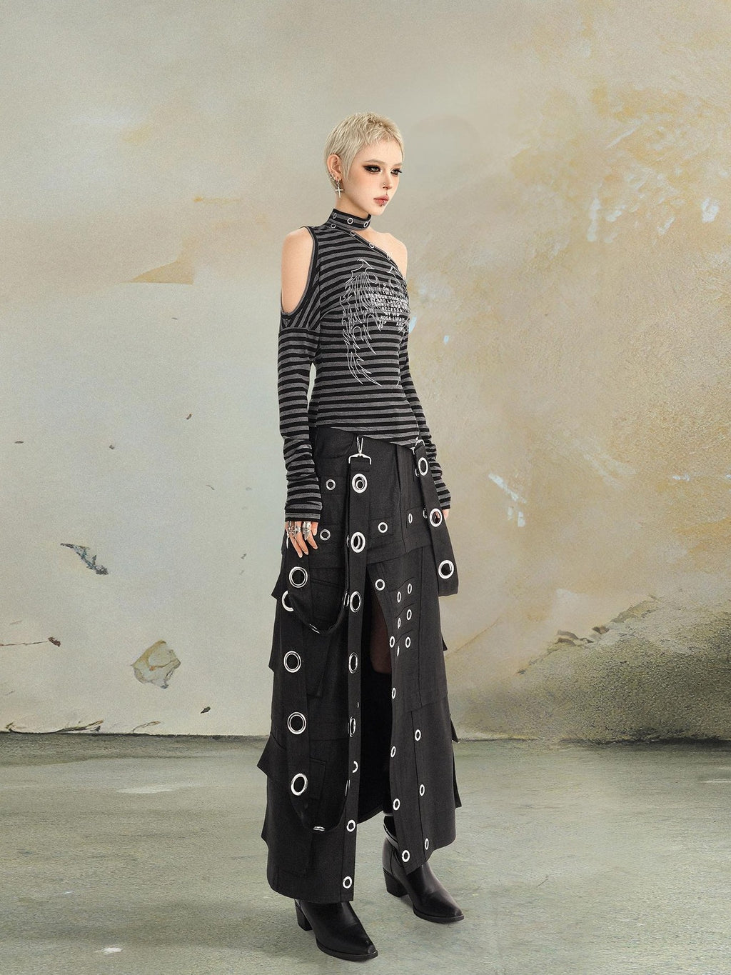 punknova Punk Studded Slit Deconstructed Detachable Women's Maxi Skirts
