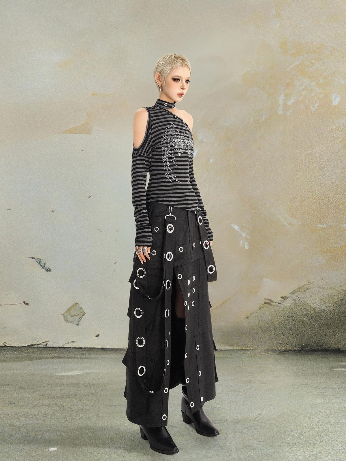 punknova Punk Studded Slit Deconstructed Detachable Women's Maxi Skirts