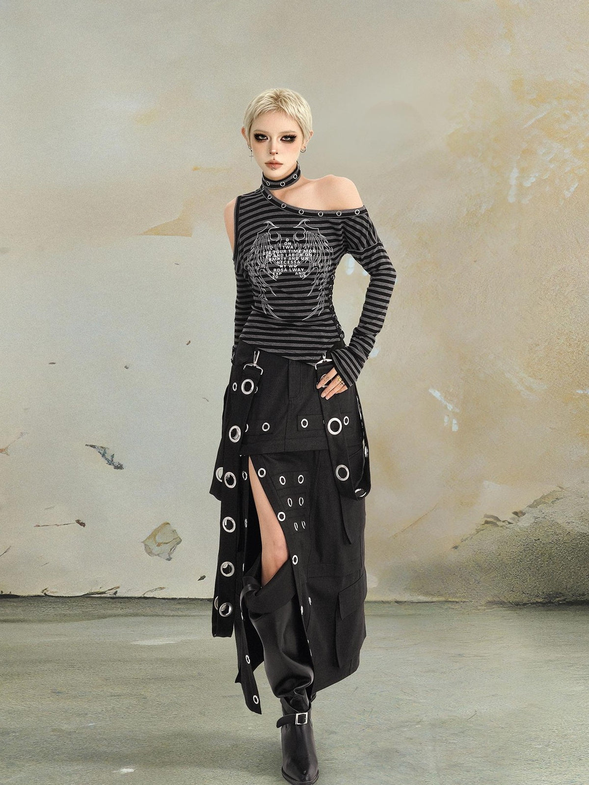 punknova Punk Studded Slit Deconstructed Detachable Women's Maxi Skirts