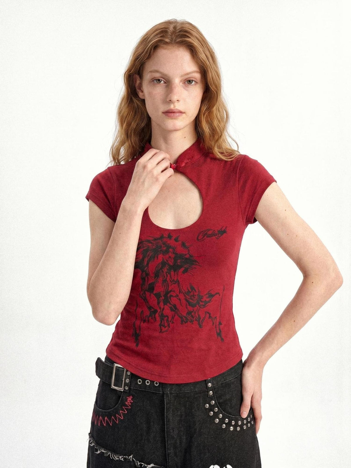 punknova Red Chinese Qipao Print Streetwear Women's Slim T-shirts