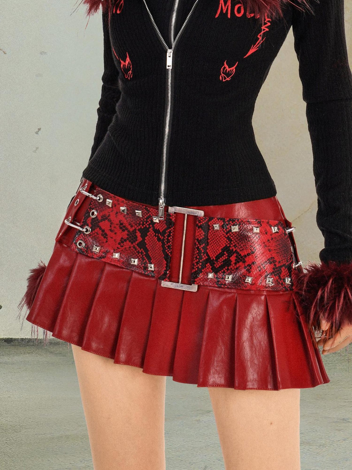 punknova Red Pleated Low Waist Punk Techwear Slim Fit Women's Mini Skirts