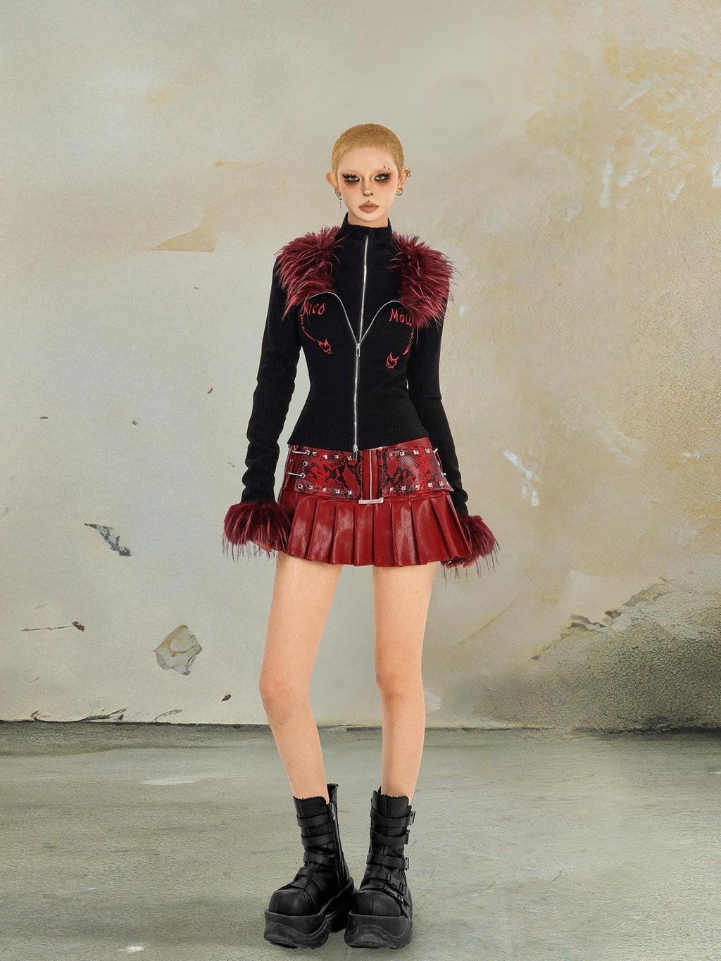 punknova Red Pleated Low Waist Punk Techwear Slim Fit Women's Mini Skirts