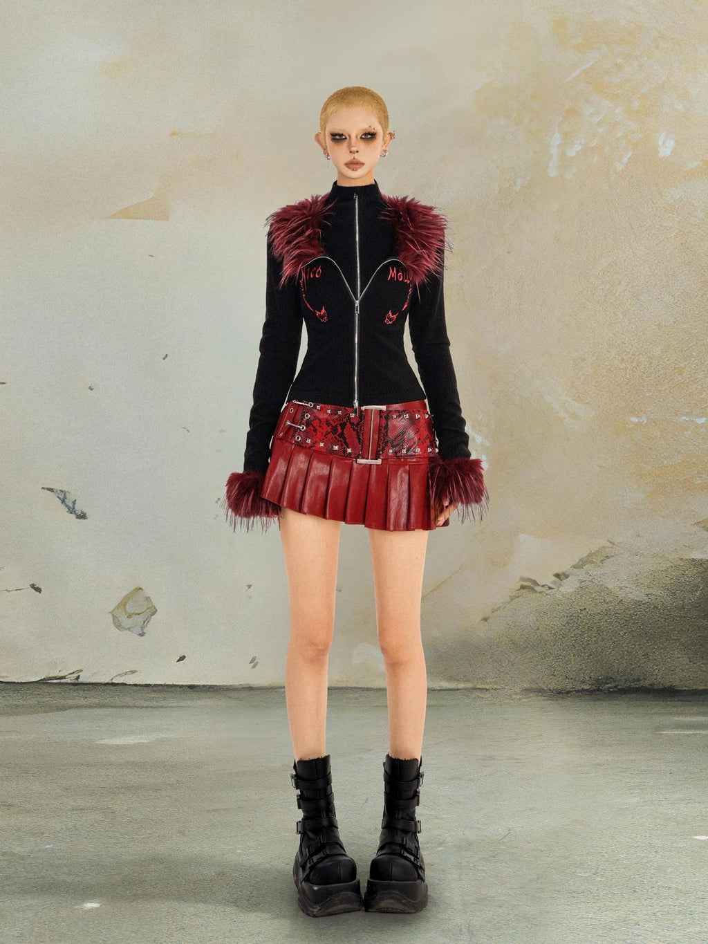 punknova Red Pleated Low Waist Punk Techwear Slim Fit Women's Mini Skirts