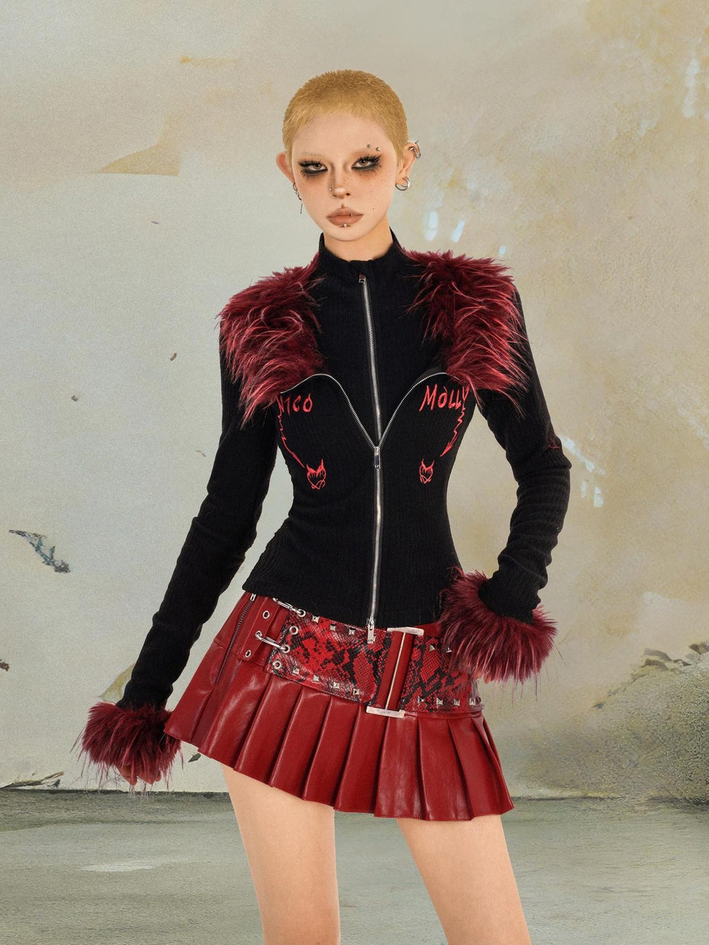 punknova Red Pleated Low Waist Punk Techwear Slim Fit Women's Mini Skirts