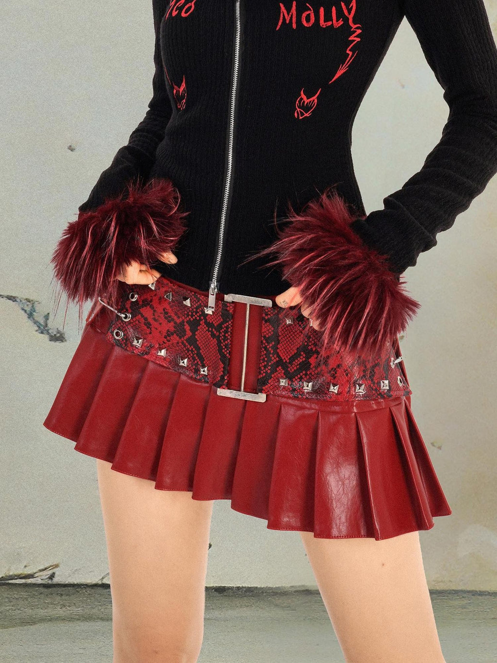punknova Red Pleated Low Waist Punk Techwear Slim Fit Women's Mini Skirts