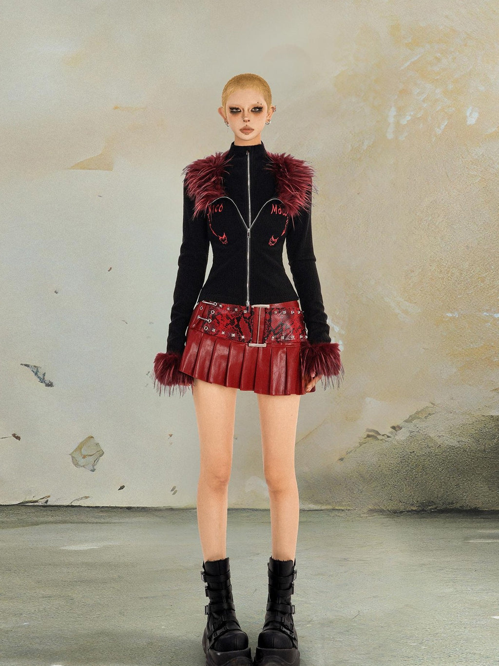 punknova Red Pleated Low Waist Punk Techwear Slim Fit Women's Mini Skirts