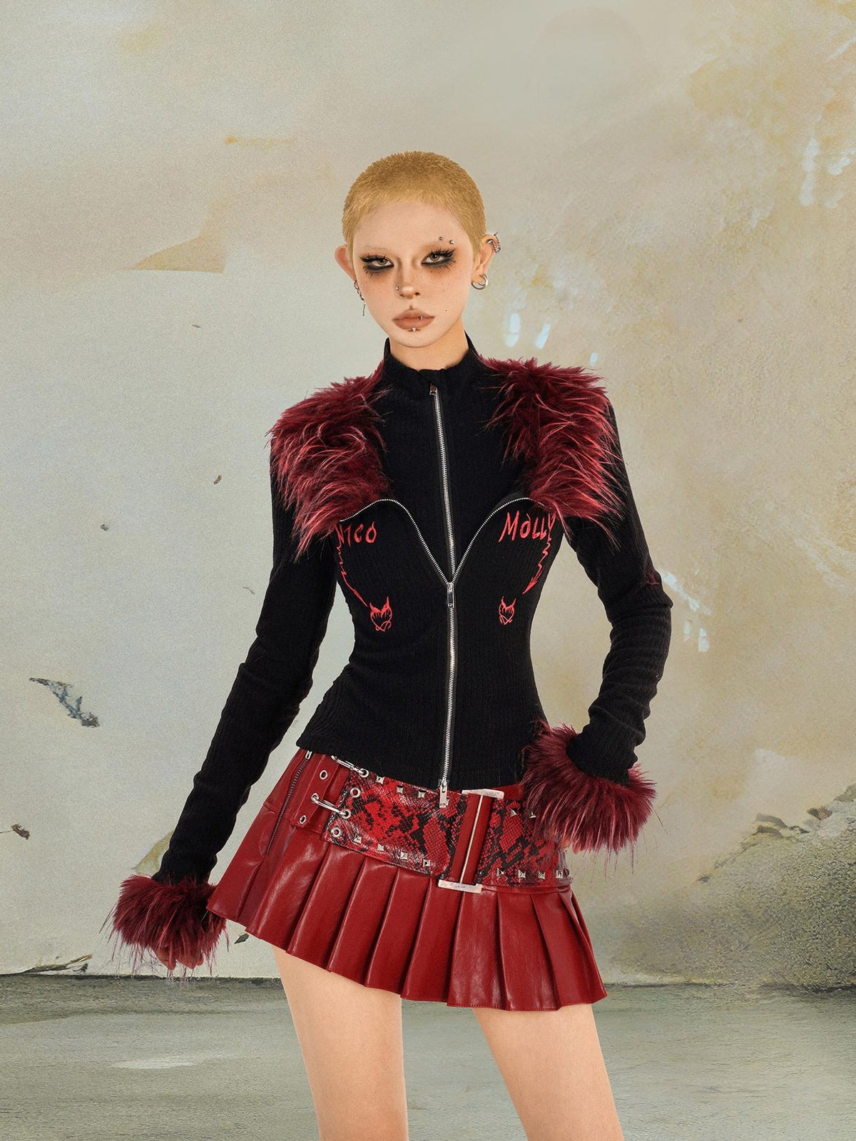 punknova Red Pleated Low Waist Punk Techwear Slim Fit Women's Mini Skirts