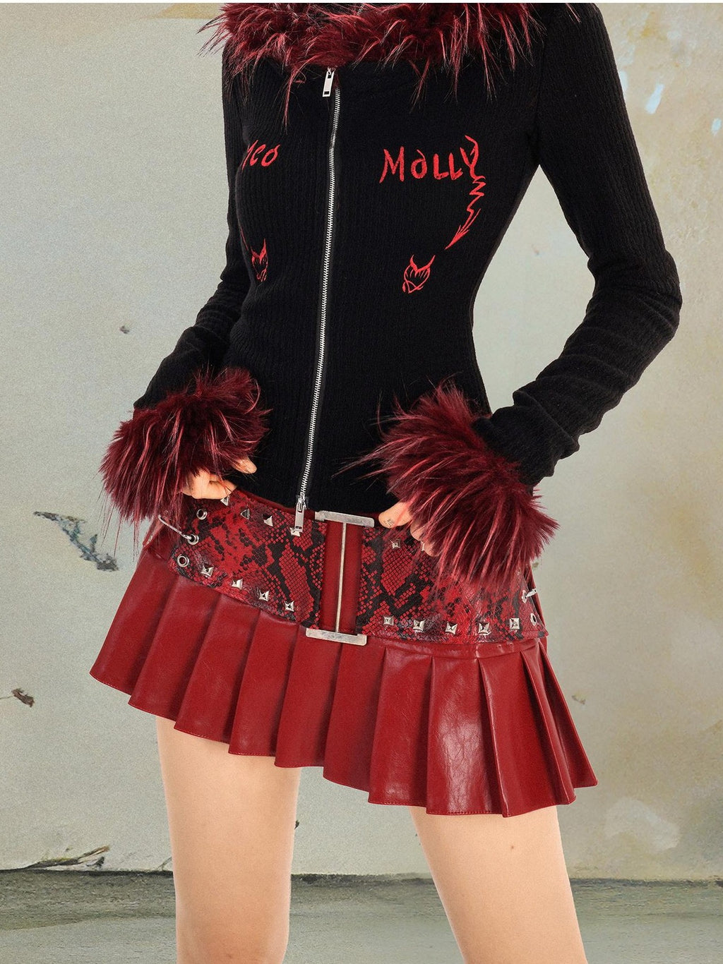 punknova Red Pleated Low Waist Punk Techwear Slim Fit Women's Mini Skirts