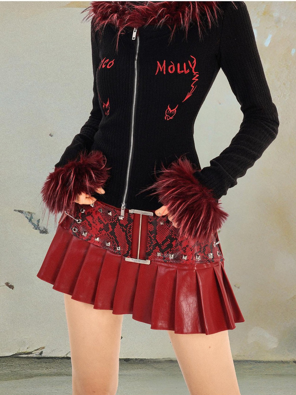 punknova Red Pleated Low Waist Punk Techwear Slim Fit Women's Mini Skirts