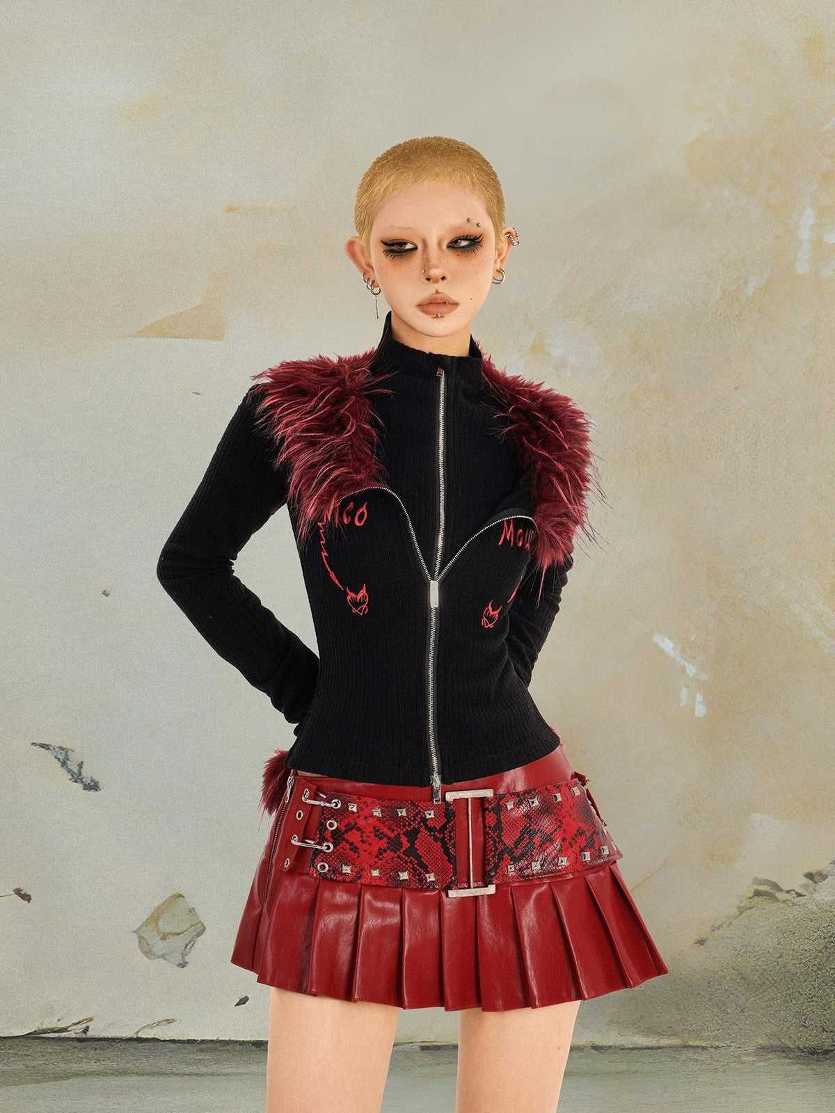 punknova Red Pleated Low Waist Punk Techwear Slim Fit Women's Mini Skirts