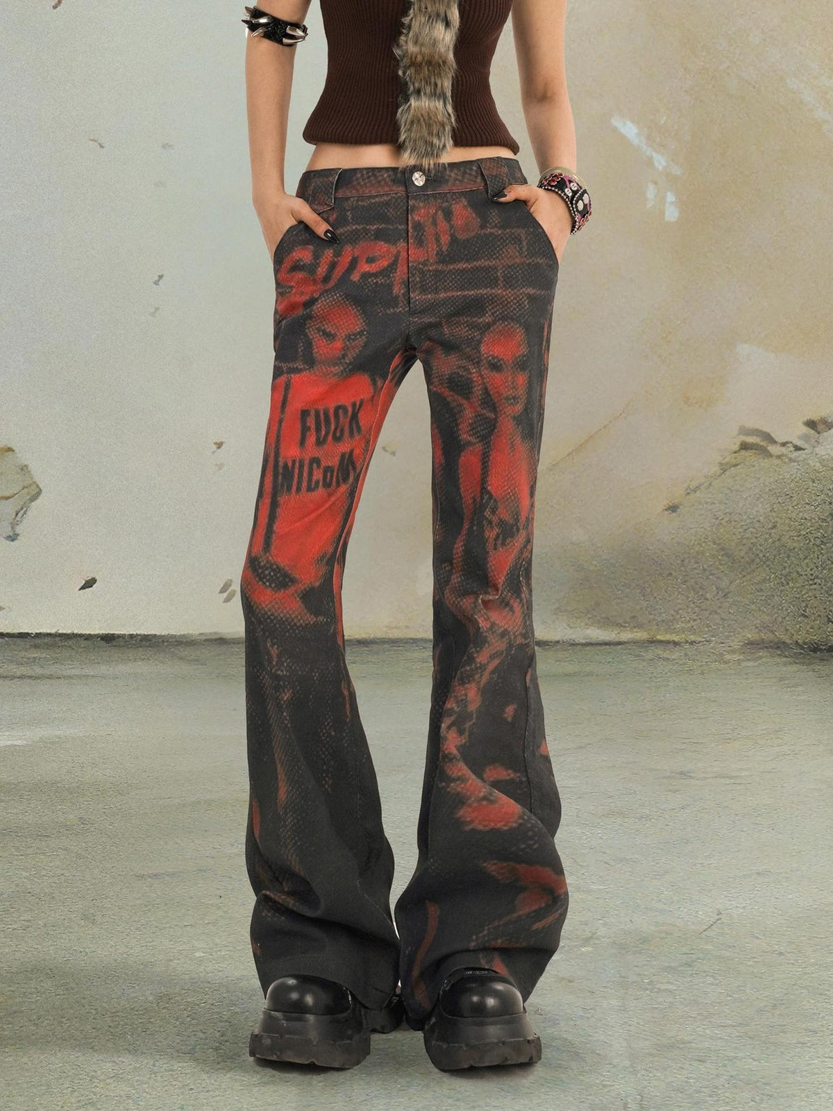 punknova Rock Print Punk Red Women's Flare Jeans
