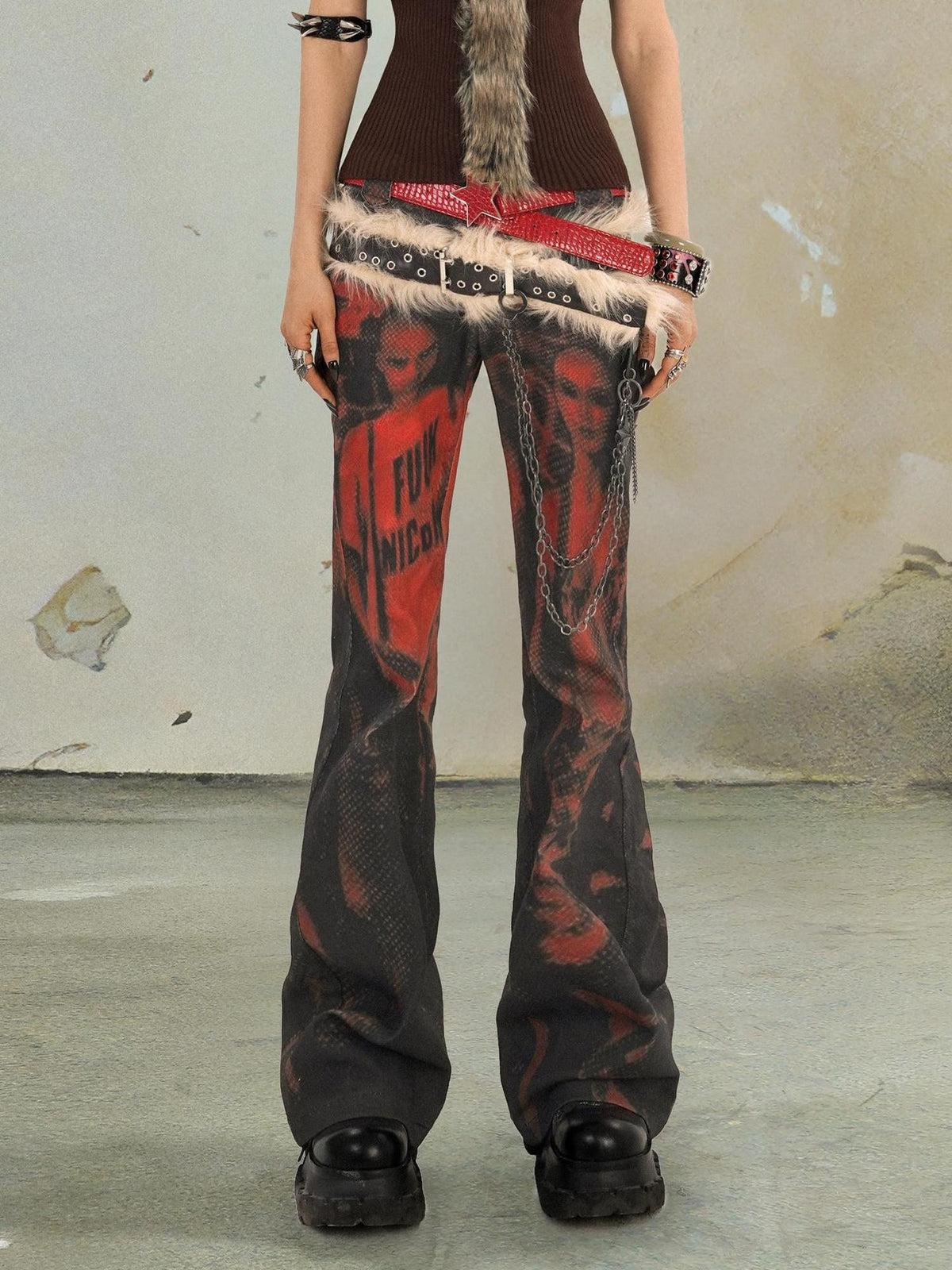 punknova Rock Print Punk Red Women's Flare Jeans