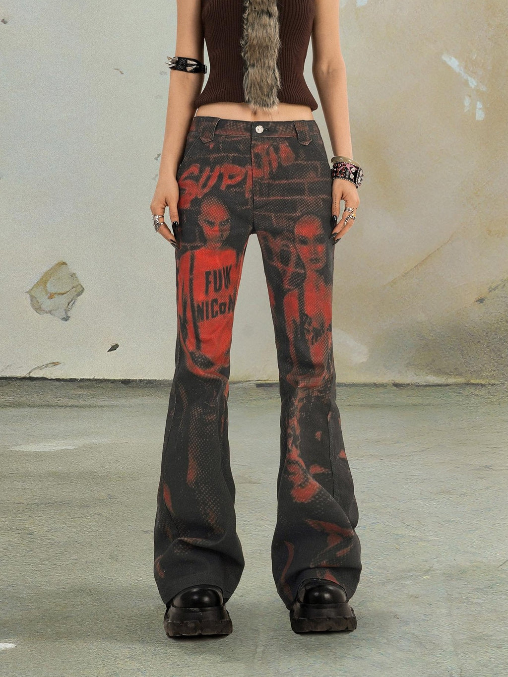 punknova Rock Print Punk Red Women's Flare Jeans