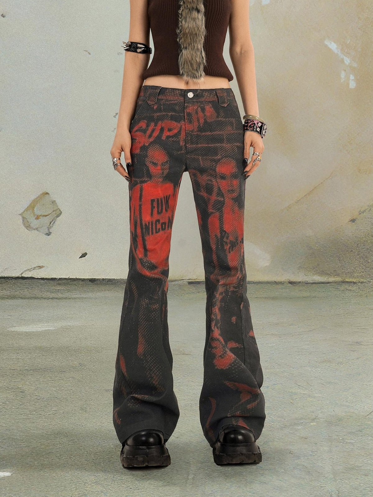 punknova Rock Print Punk Red Women's Flare Jeans