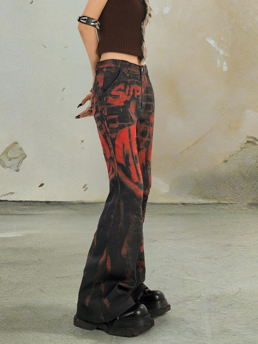punknova Rock Print Punk Red Women's Flare Jeans