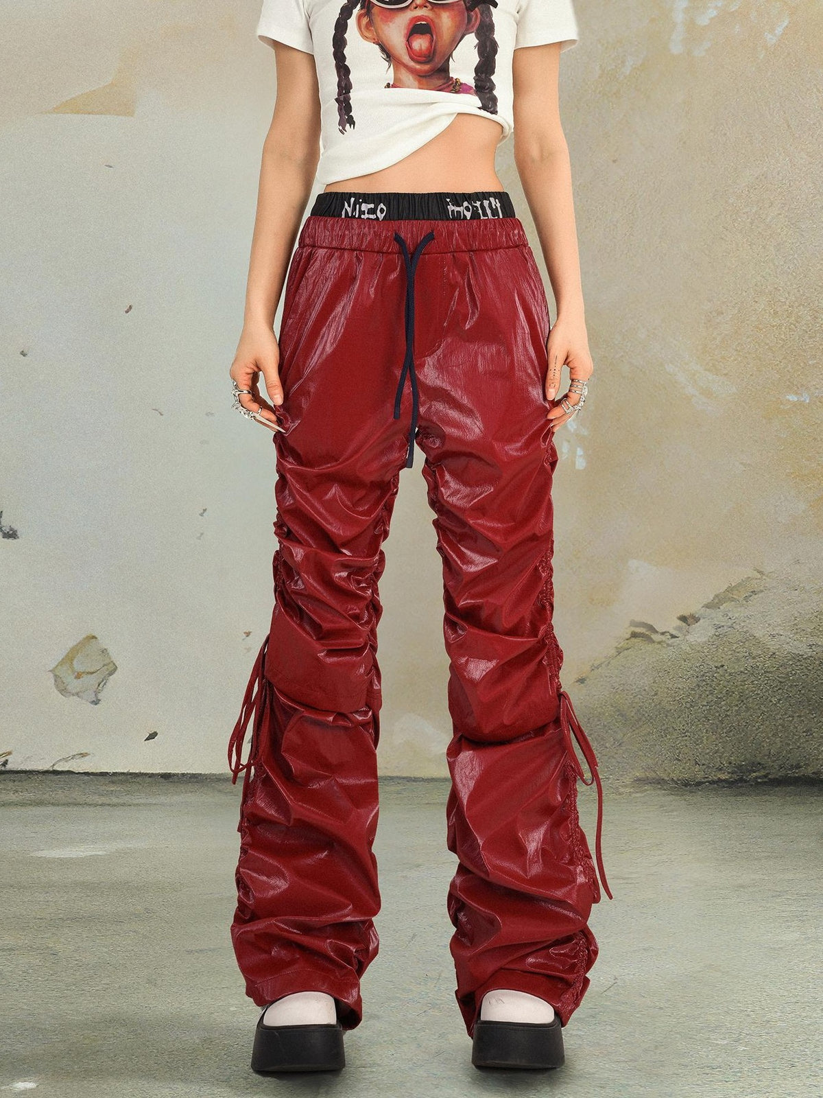 punknova Ruched Drawstring Double Waist High Street Women's Straight Leather Pants
