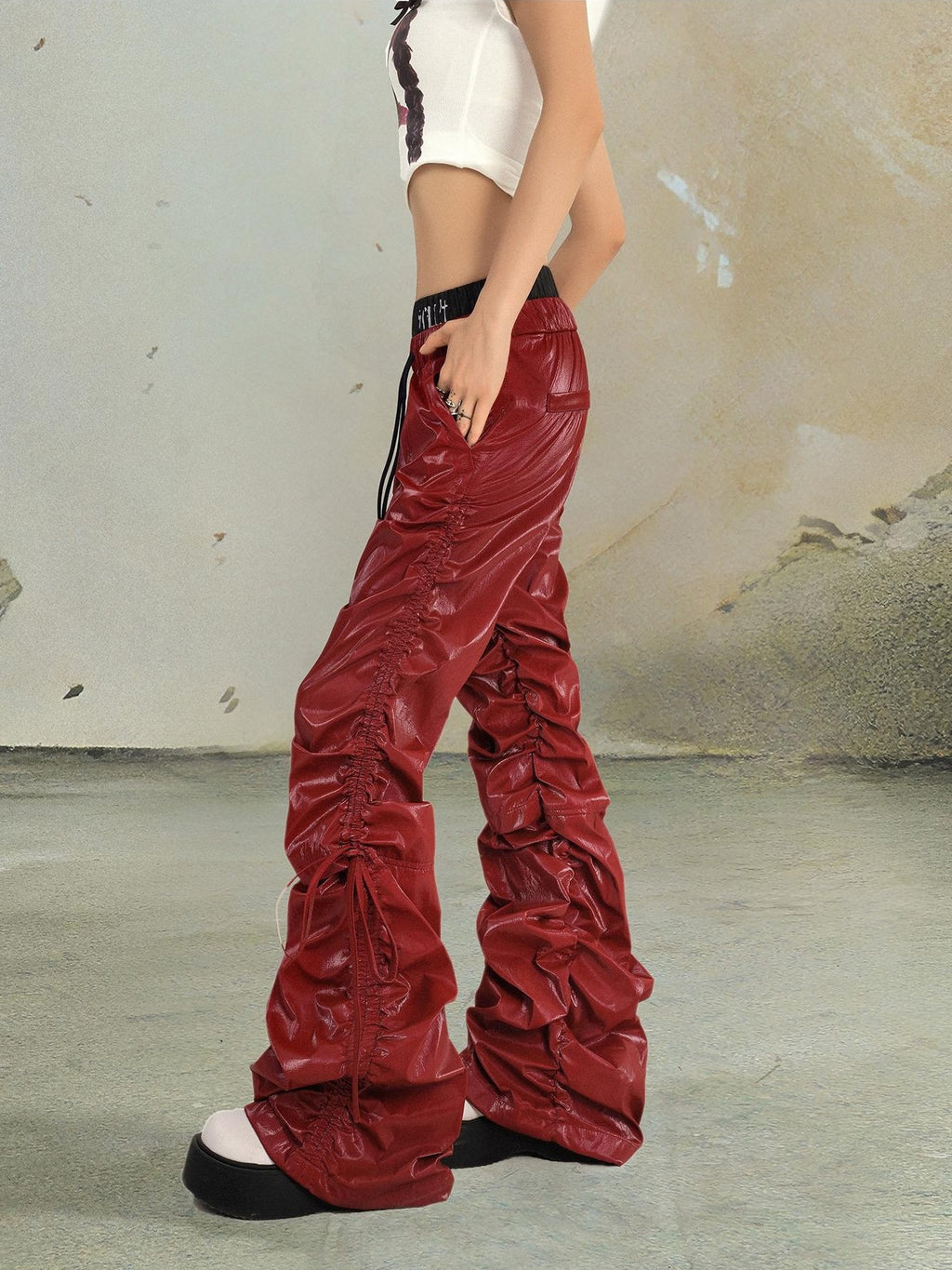 punknova Ruched Drawstring Double Waist High Street Women's Straight Leather Pants