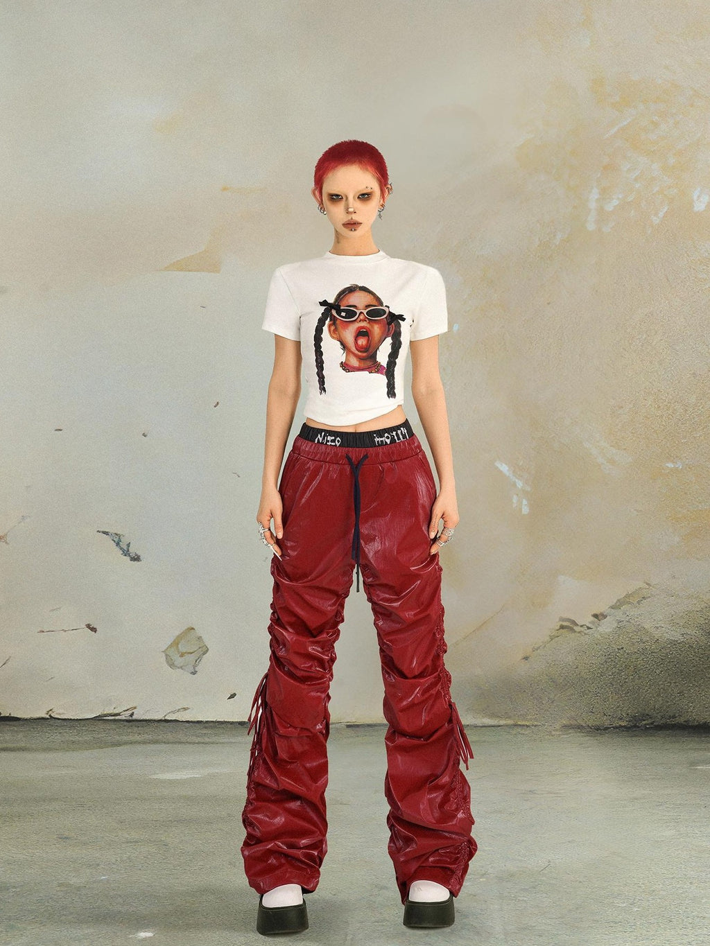 punknova Ruched Drawstring Double Waist High Street Women's Straight Leather Pants