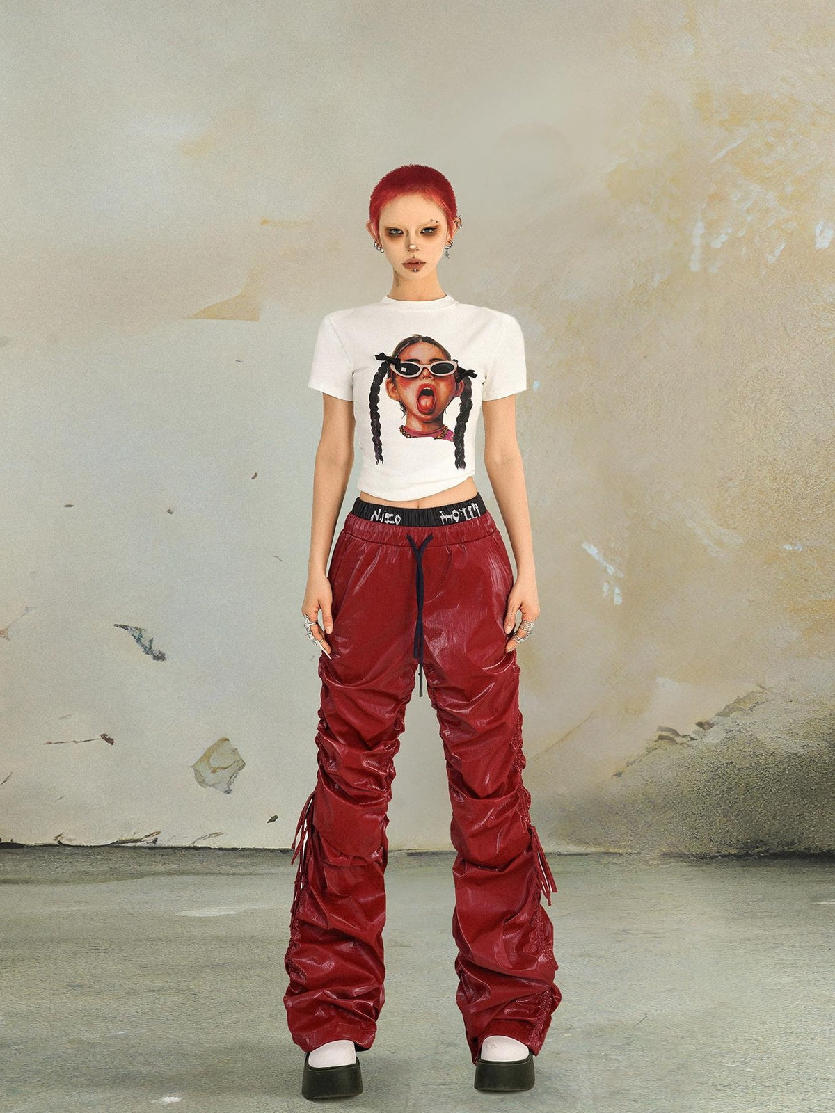 punknova Ruched Drawstring Double Waist High Street Women's Straight Leather Pants
