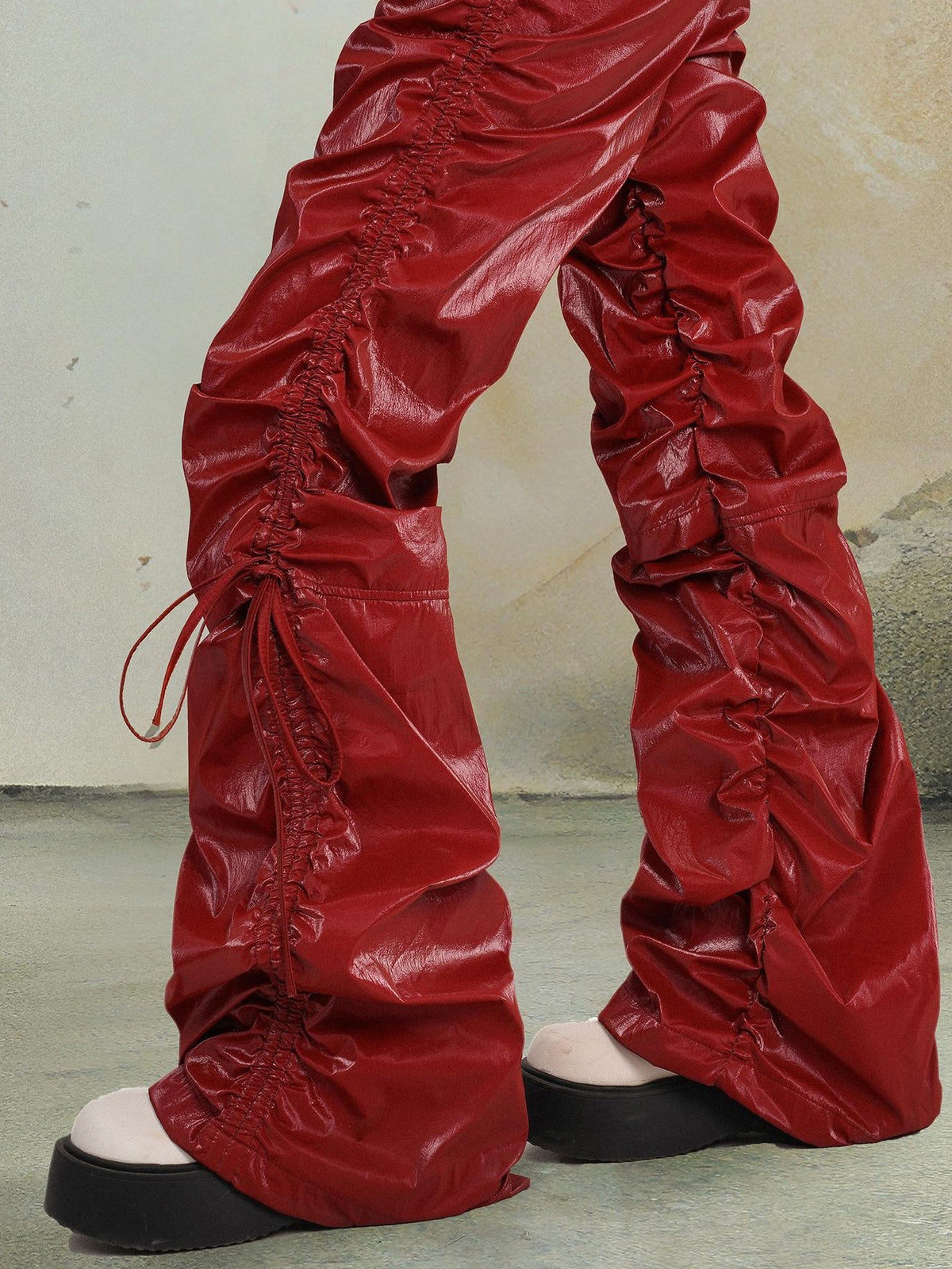 punknova Ruched Drawstring Double Waist High Street Women's Straight Leather Pants