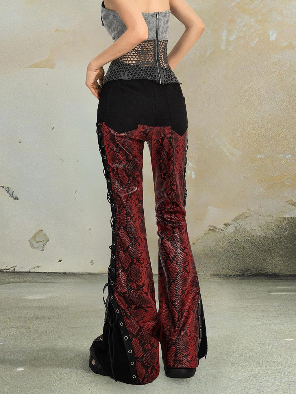 punknova Snake Print Asymmetric Lace Up Gothic Women's Slim Flare Pants