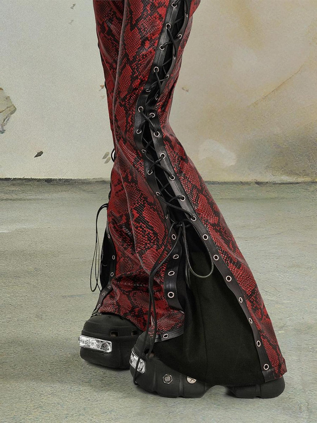 punknova Snake Print Asymmetric Lace Up Gothic Women's Slim Flare Pants