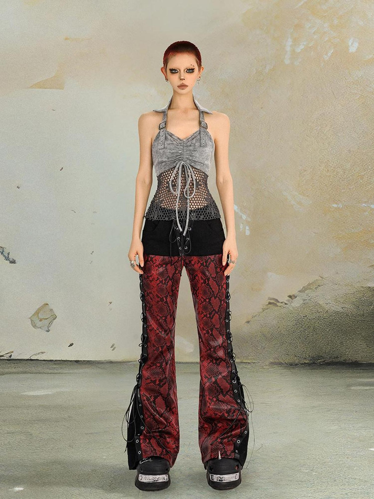 punknova Snake Print Asymmetric Lace Up Gothic Women's Slim Flare Pants