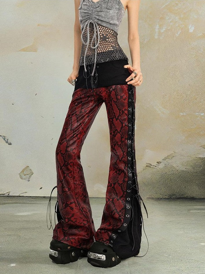 punknova Snake Print Asymmetric Lace Up Gothic Women's Slim Flare Pants
