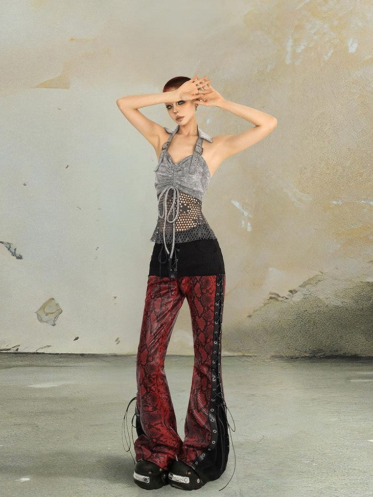punknova Snake Print Asymmetric Lace Up Gothic Women's Slim Flare Pants