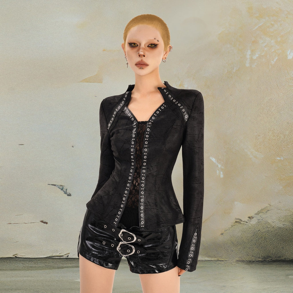 punknova_Textured_Dark_Punk_Slim_Fit_V-neck_Spliced_Long_Sleeve_Women's_Blouses_1006899398401_MISSTT