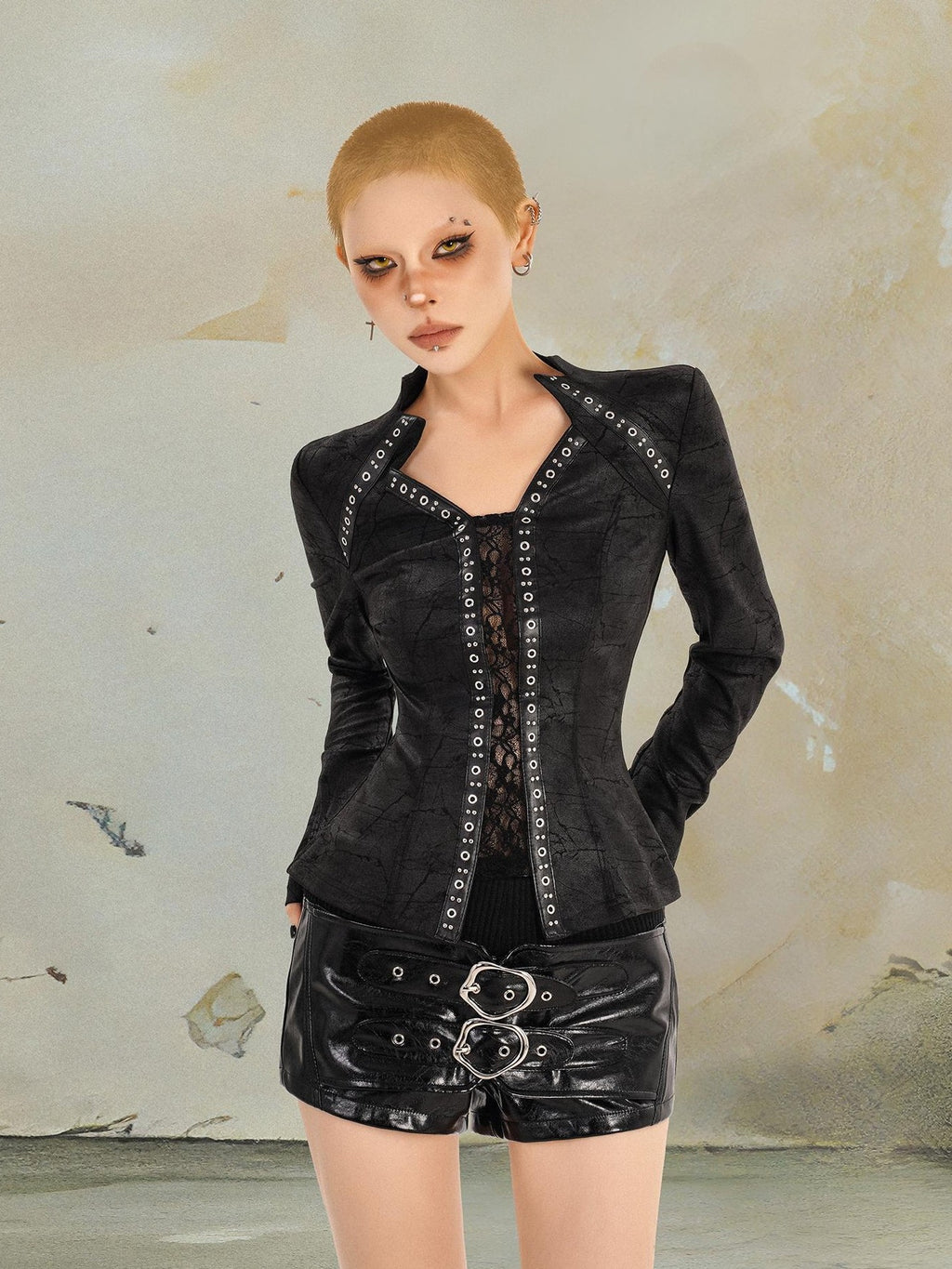 punknova Textured Dark Punk Slim Fit V-neck Spliced Long Sleeve Women's Blouses