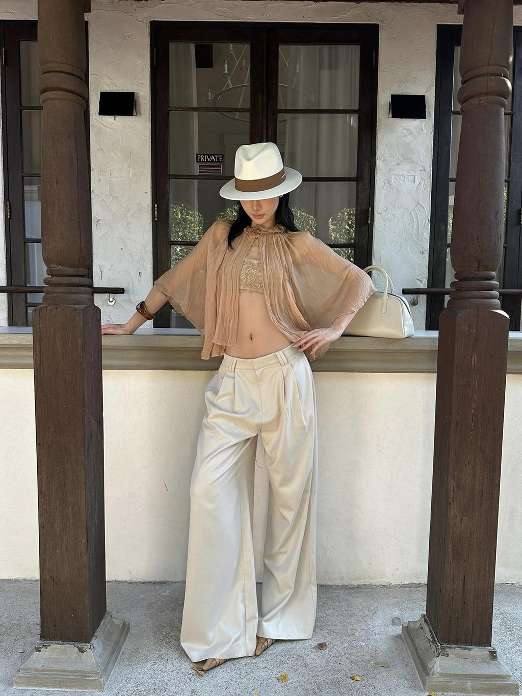 rovente Almond Minimalist Low Waist Pockets Zipper Woven Women's Wide-leg Pants