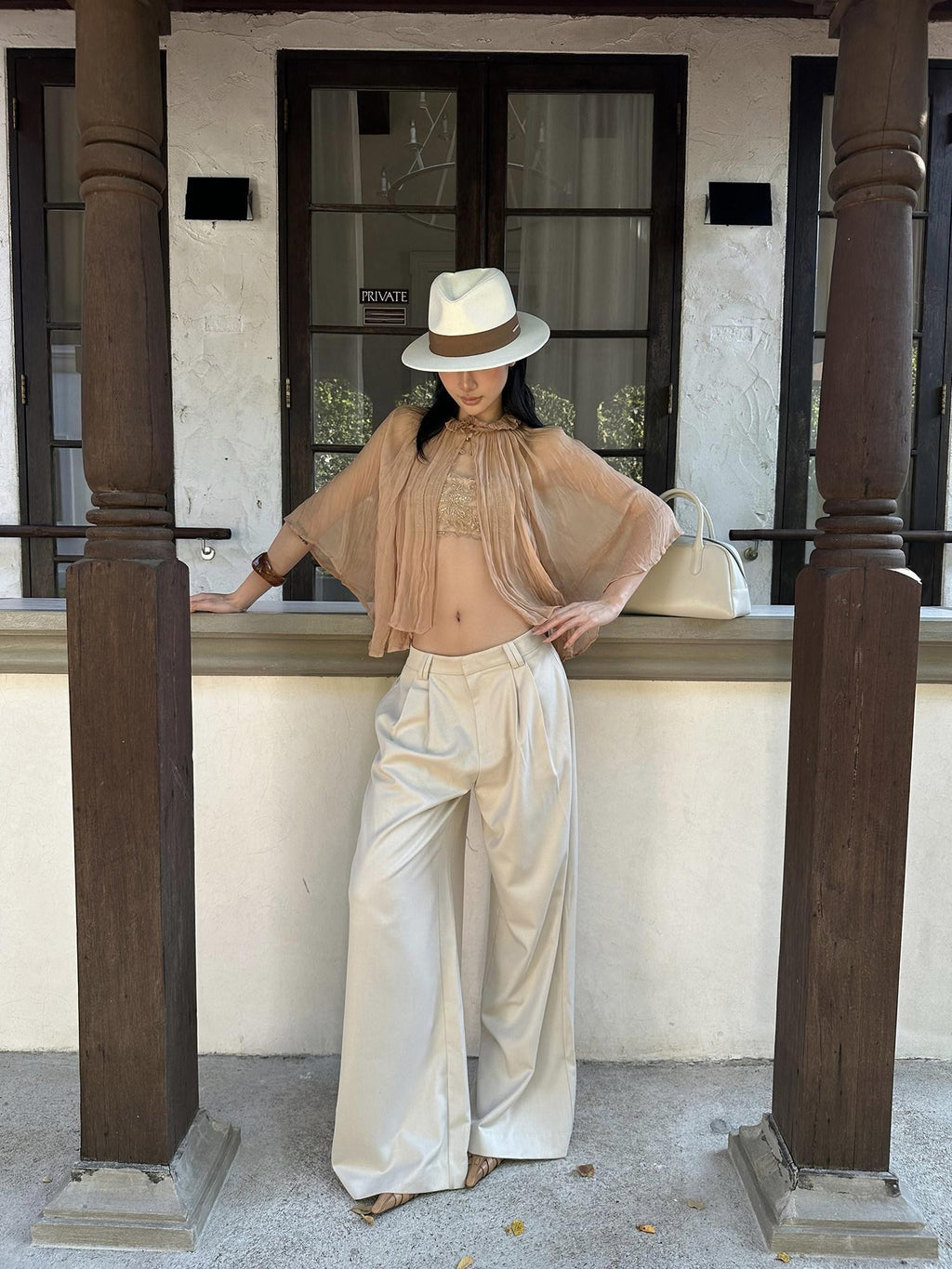 rovente Almond Minimalist Low Waist Pockets Zipper Woven Women's Wide-leg Pants